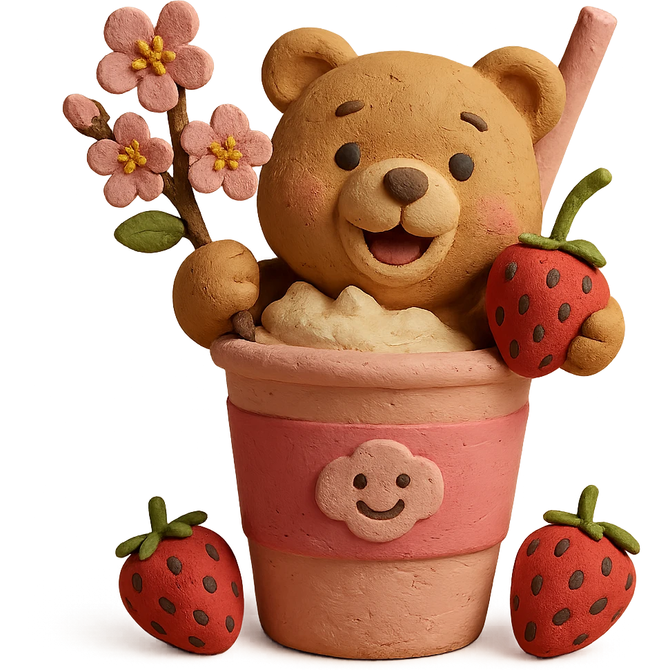 Pastel 3D claymation style milkshake cup with a straw, smiling bear peeking out, two strawberries, soft shadows, minimal look, no background emoji
