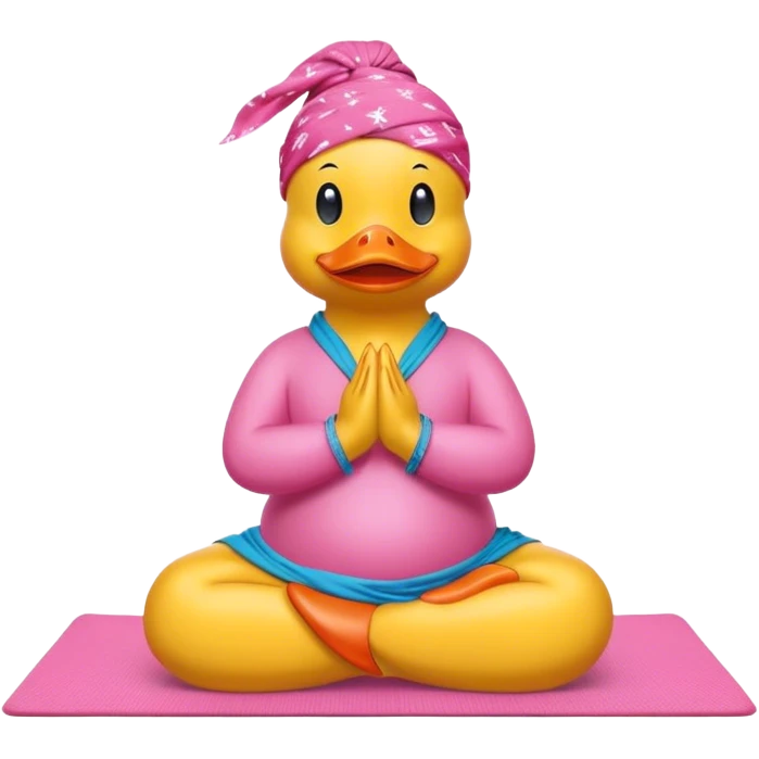 side view of yellow rubber duck with a pink bandana doing yoga while praying emoji
