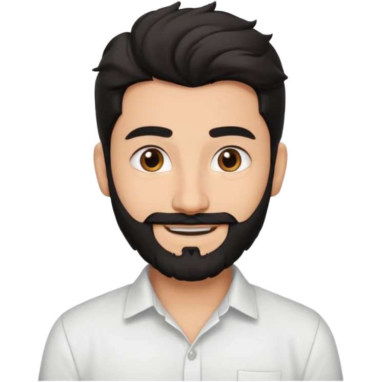 young fair skin pakistani guy smiling with black beard, wavy hair pushed back and brown eyes and thick eyebrows emoji
