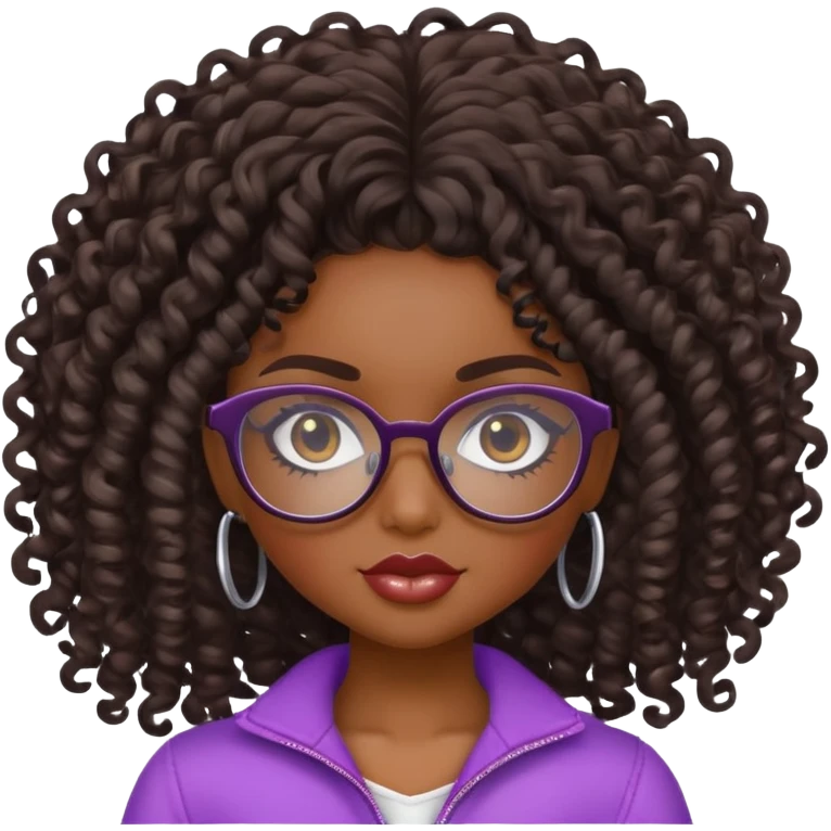 pretty bratz baddie, dark skin, curly hair with glasses emoji