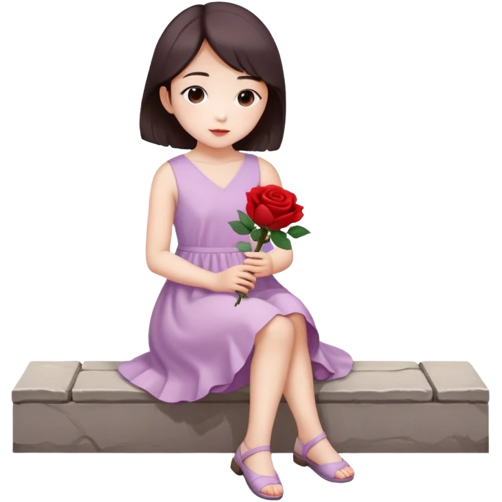 Soft light purple dress korean style girl holding a red rose in hands and sitting on the foot paths emoji