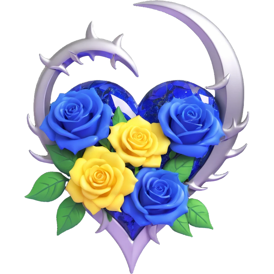 gothic heart made of sapphire blue glass, silver crescent moon, navy roses, holographic stardust, neon white lightning, drenched and splintered glass emoji