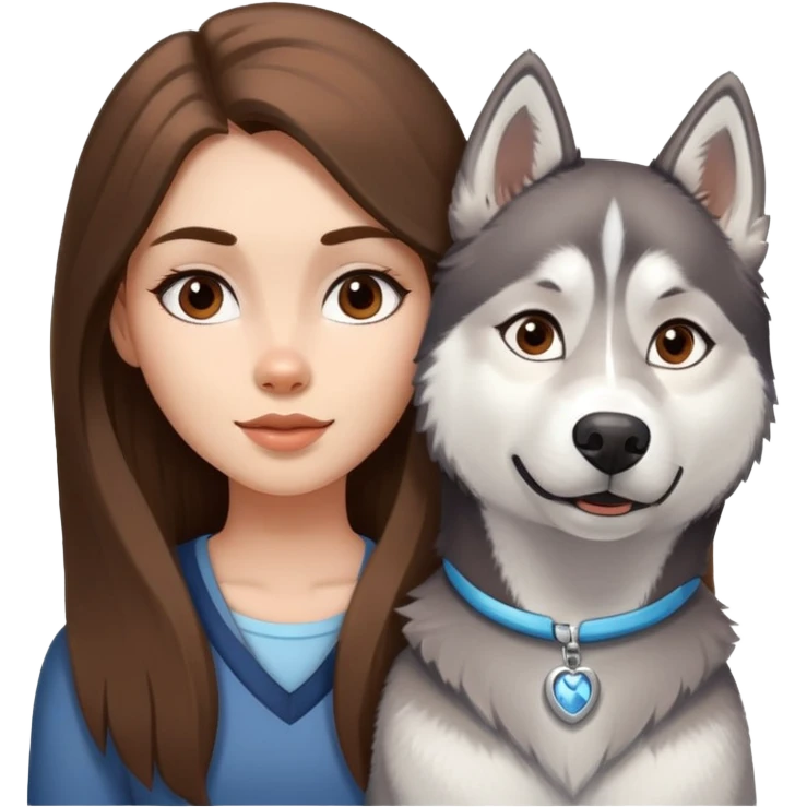 Girl with Brown long hair with husky white and grey  emoji