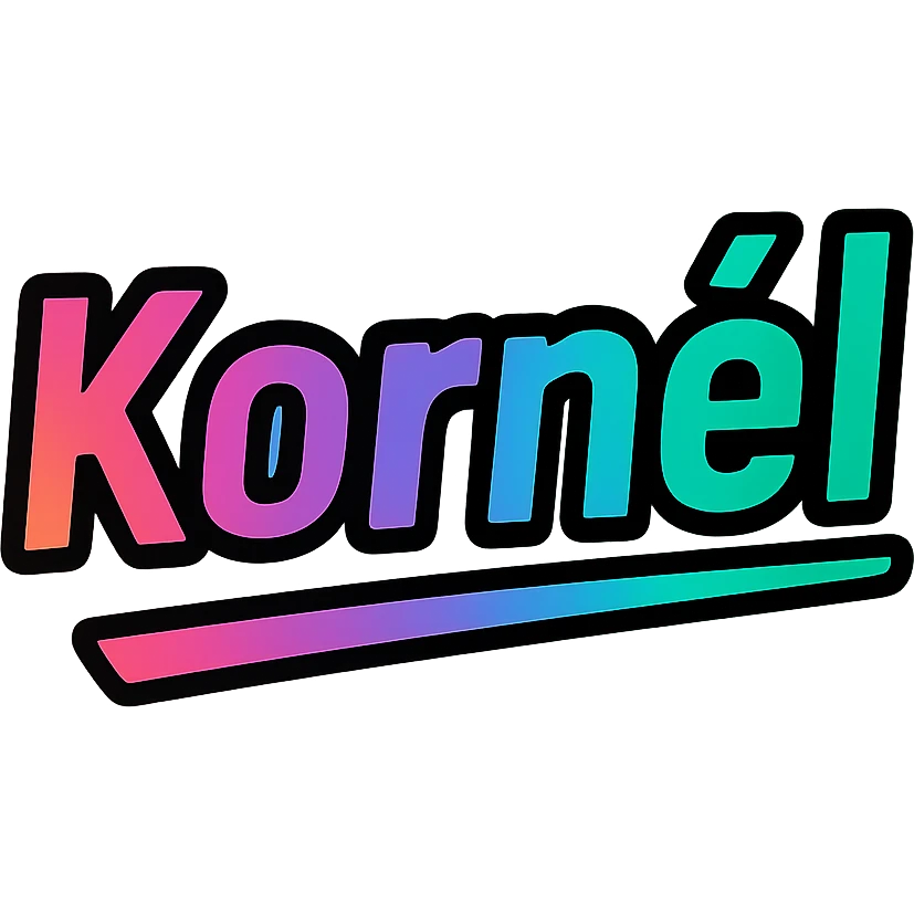 modern colorful gradient font with dark outline, dynamic slanted or partial underline, text 'Kornél', transparent background, in the style of reference patterns emoji