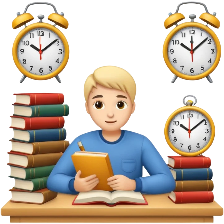 emoji student studying hard with books and clock, motivated, white background emoji