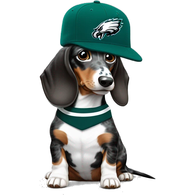 Miniature Blue Merle Medium Light Tri Brown Spotted Dachshund wearing Philadelphia Eagles Hat with C on Jersey emoji