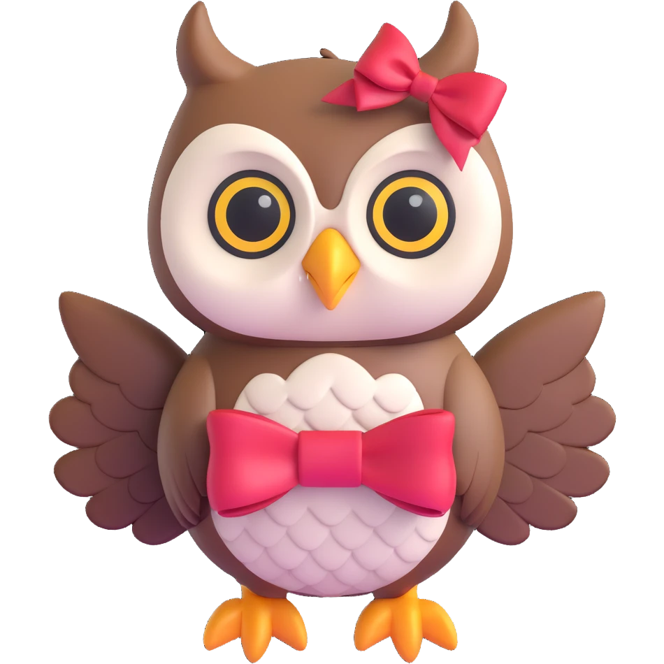 owl with bow and text 'SAMY QUIZ' in the same color palette as the reference image, 3D style emoji