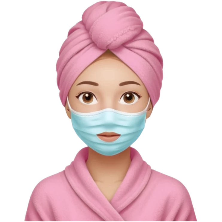 Clean girl influencer character, chest-up portrait, wearing a pink towel wrapped around the head,  skincare mask on her full face, relaxed confident expression, soft glow skin, minimal chic aesthetic, subtle beauty accessories, calm self-care vibe emoji