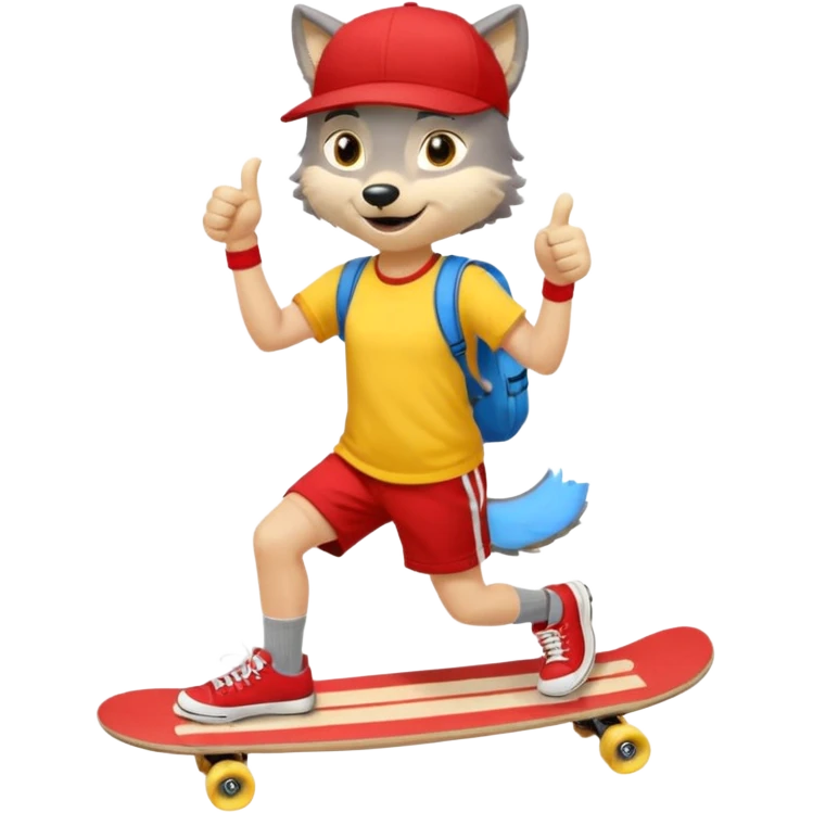 A gray wolf with large, expressive eyes and a friendly smile. The gray wolf is wearing a bright yellow T-shirt, red shorts, white knee socks, and sneakers. The baseball cap is worn backwards. The wolf holds a skateboard in one hand and gives a thumbs-up with the other, a confident and cheerful pose. emoji