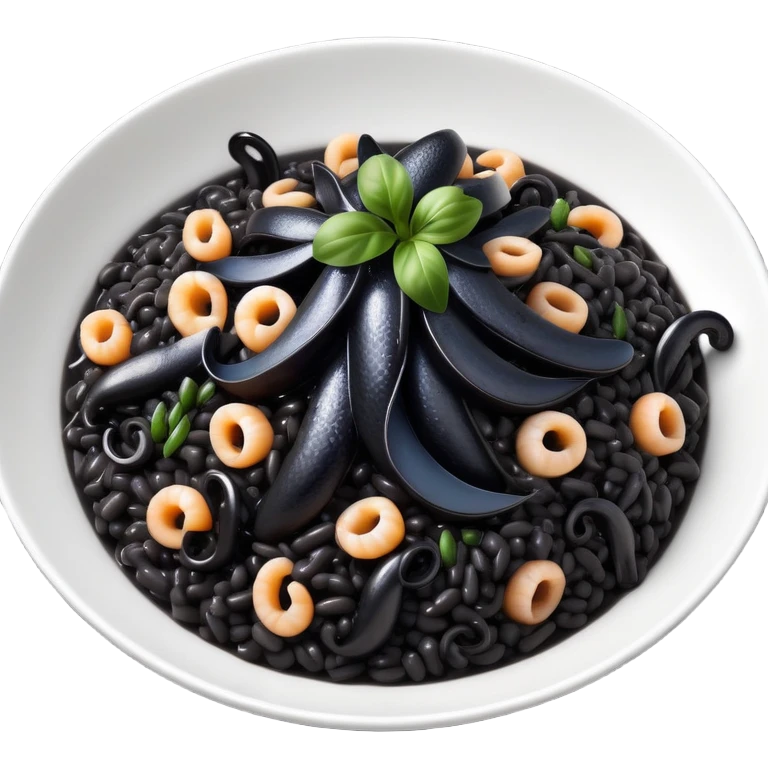 cinematic-realistic-black-risotto-dish-emoji,-showcasing-small black squid pieces-rendered-with-bold-textures-and-dynamic,-dramatic-lighting. emoji