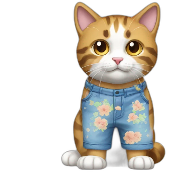 Purradise Meowscles is a buff calico cat  he has a mullet, a floral designed t shirt that is unbuttoned and blue and white stripped shorts emoji