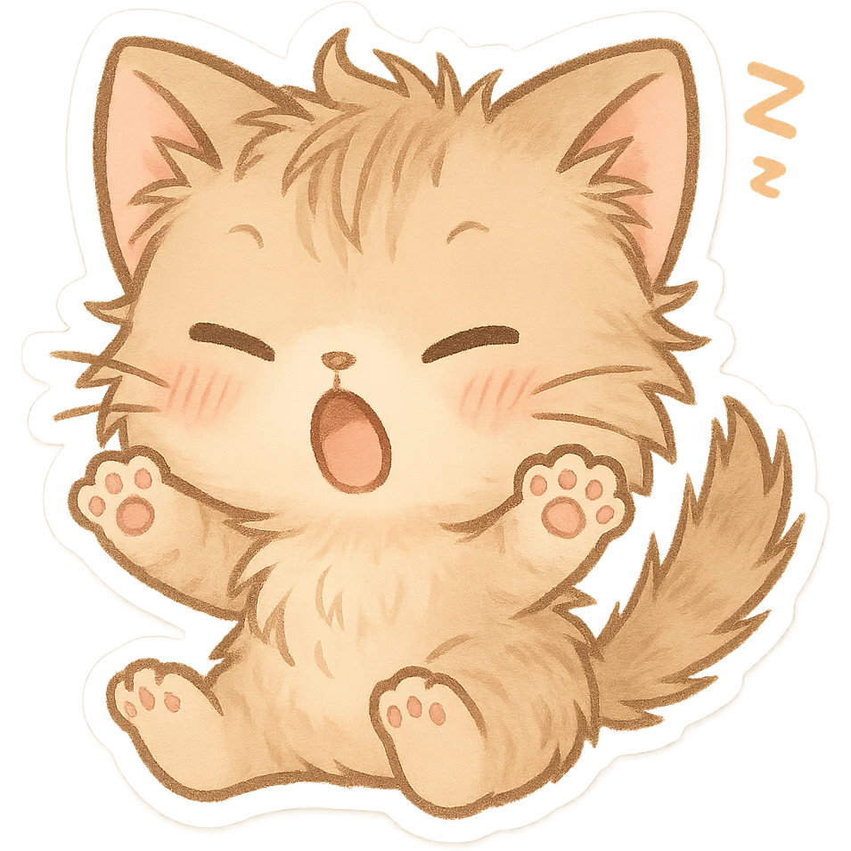 chibi style cat waking up, tiny paws, messy fur, cute expression emoji
