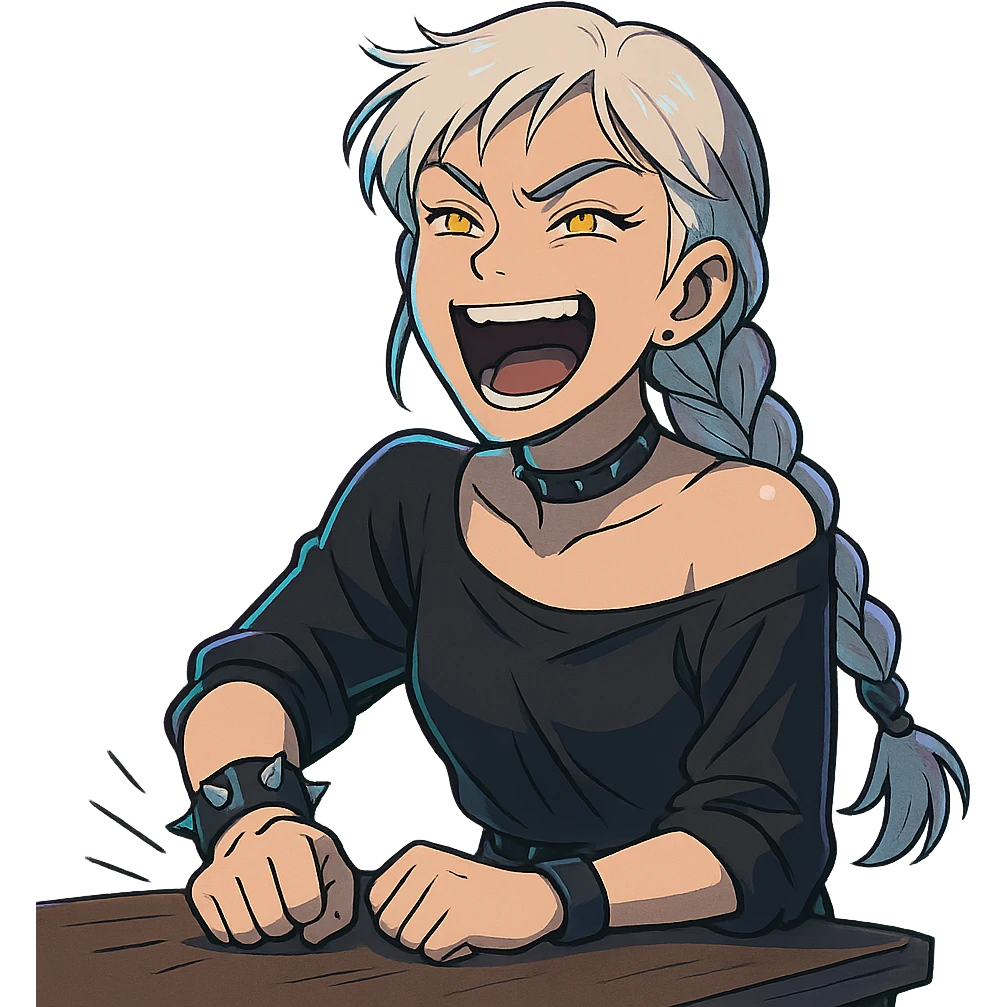  she is laughing outrageously and pounding her fist on the table, eyebrows pointed up, a closeup portrait of young woman with gold yellow eyes, white hair, long braid, black off-shoulder top, punk gothic style, futuristic cyberwave cyberpunk, sitting position
 emoji