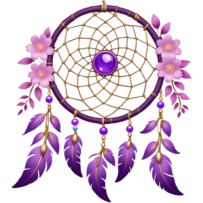 A white-framed Dreamcatcher. with purple-round-orbs, gold-rings hanging down. purple flowers, pink sakura flowers, emoji