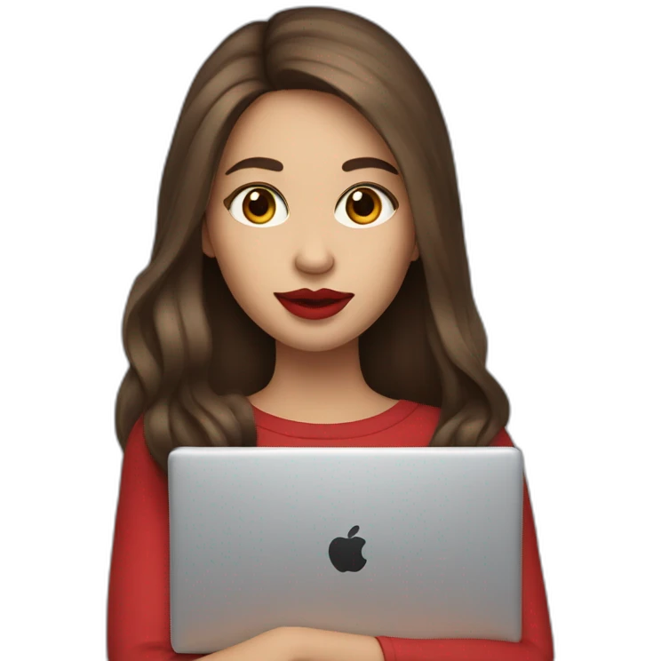 A girl with long brown hair holds a laptop Red lips emoji