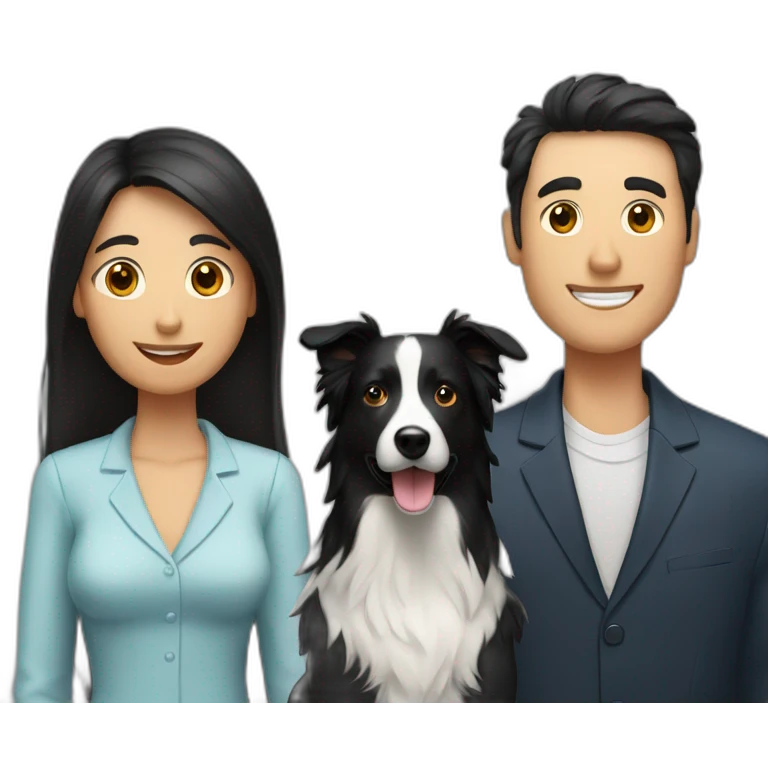 Family formed by a White man with hat and a White woman with long black hair and one small black dog border collie emoji