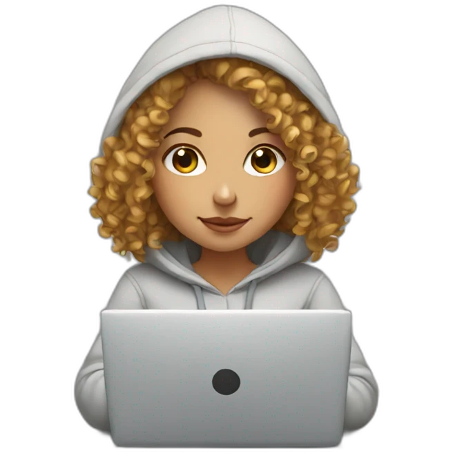 european curly girl wearing a hoodie working on a laptop emoji