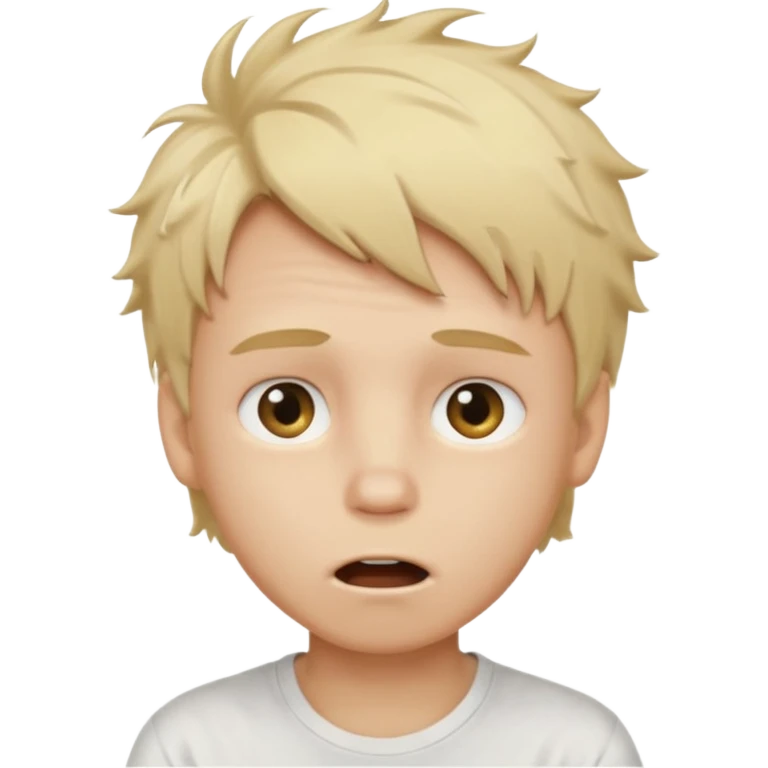 create boy blonde hair messy, light eyes, white t shirt, mouth slightly open to the left emoji