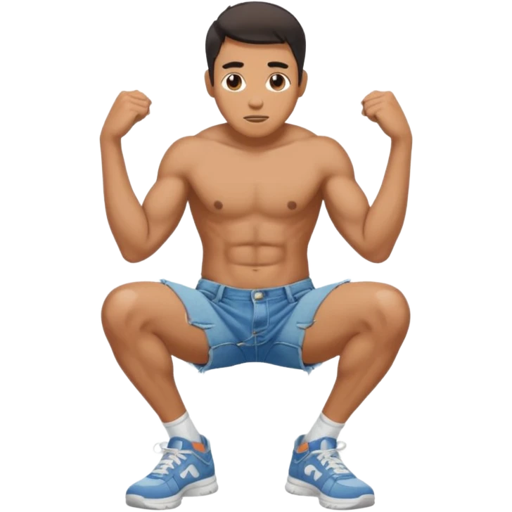 A squatting man legs spread apart and make a penis visible going through a hole in his broken shorts emoji