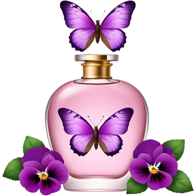 A butterfly with striking Tyrian Purple and Jasper Red wings delicately lands on a Rosewater Pink perfume bottle. Misty Rose pansies bloom softly around, creating a dreamy, romantic scene." emoji