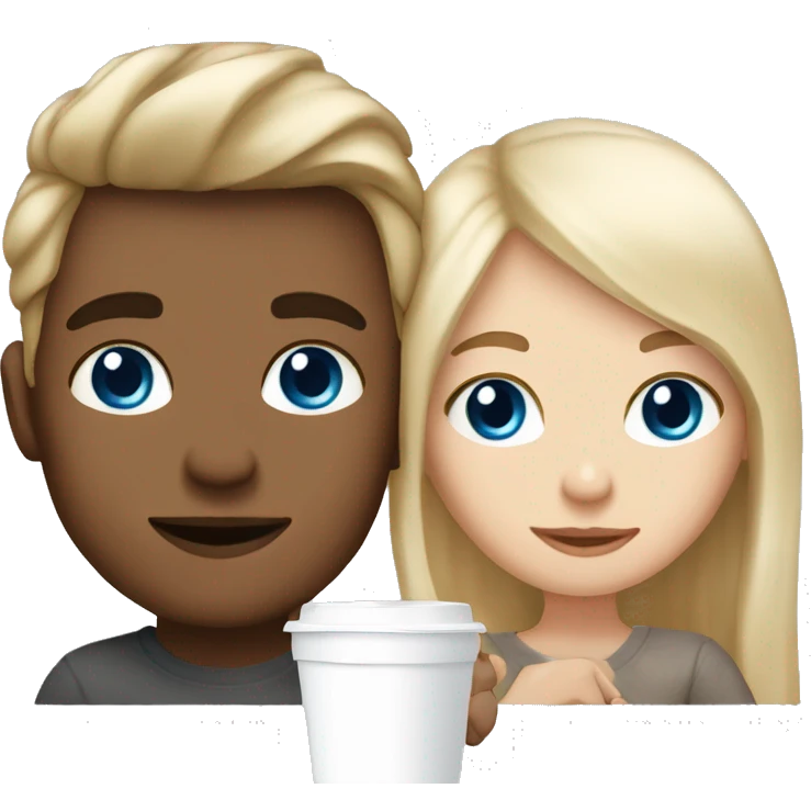 blonde hair with blue eyes boy and girl brunnete with brown eyes girl, both white skin drinking latte emoji