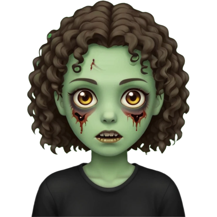 Zombie girl emoji verde um pouco escuro com cabelo curto cacheado castanho no ombro com uma blusa preta emoji