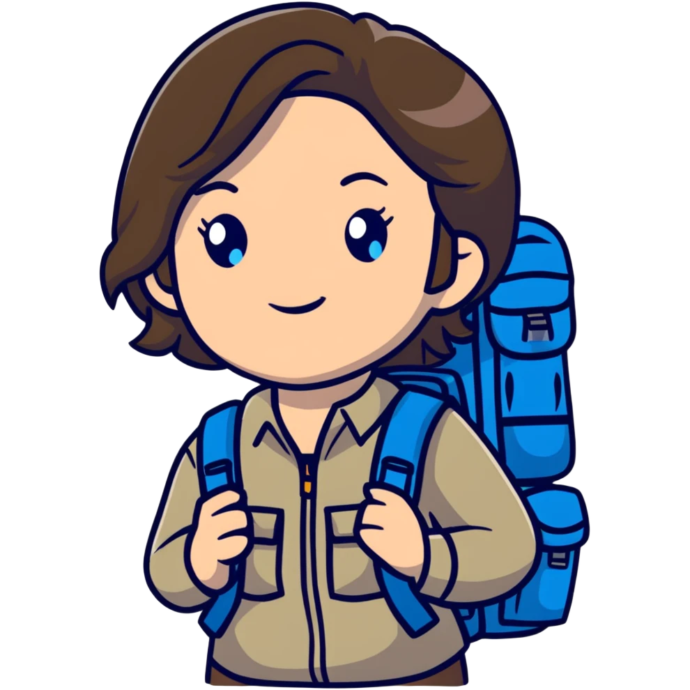 white woman park ranger with gray and brown hair, blue eyes, wearing a backpack emoji