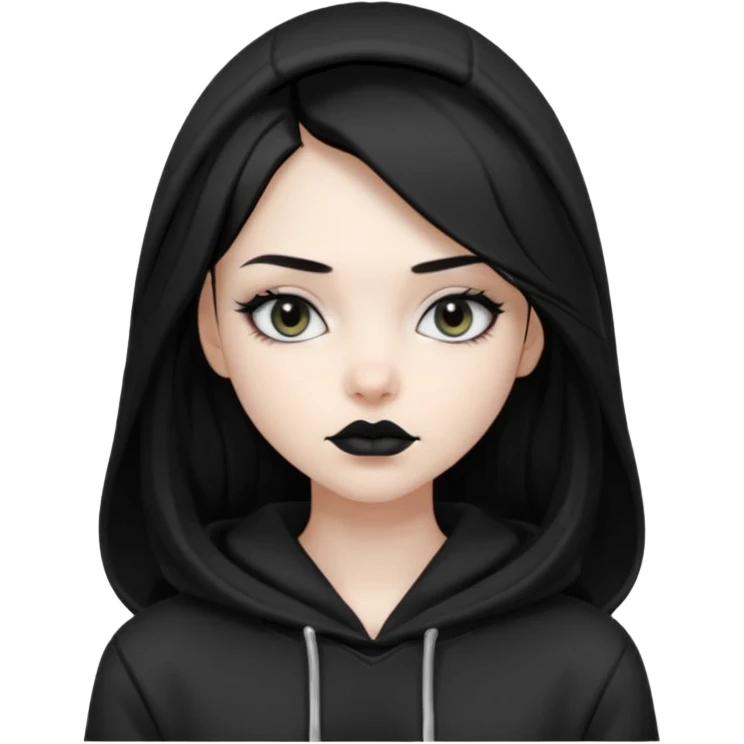 Black haired girl, silver eyes, black lipstick, white skin, black hoodie, sharp face, long hair, hoodie off emoji
