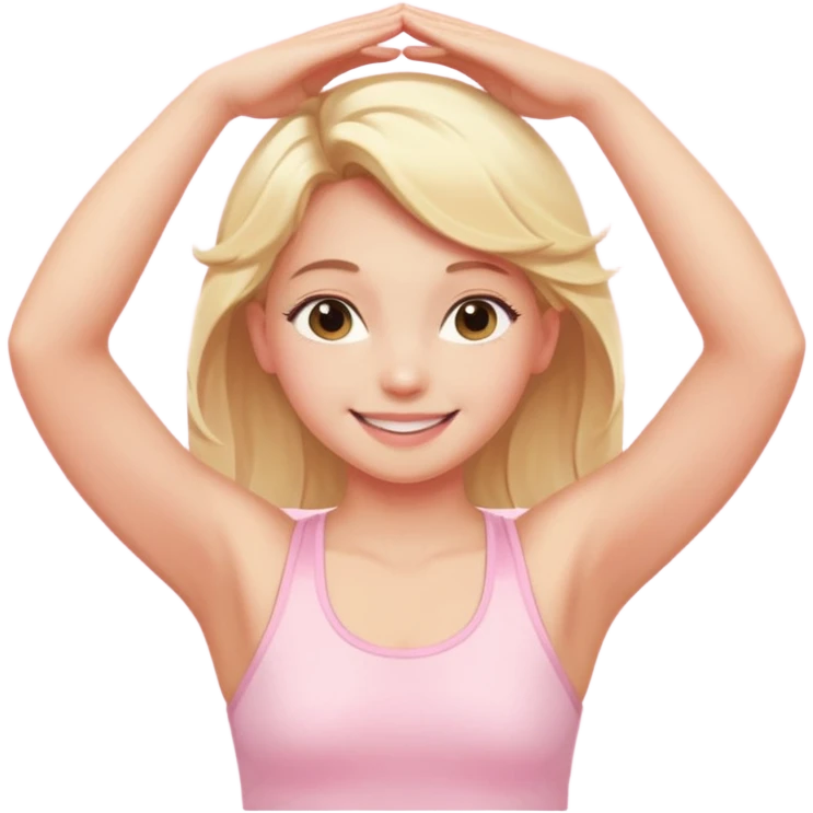 angelic blonde girl stretching in light pink gym smiling emoji