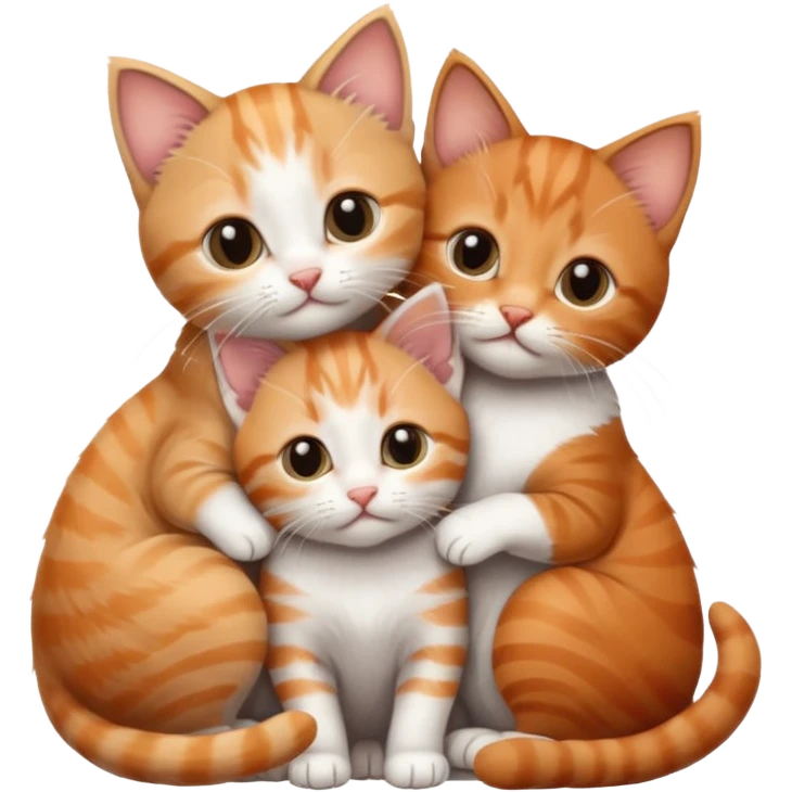 3 very small kittens cuddling together all different colours, the first one is grey and white, the second is ginger and white and the third is brown tabby and white emoji