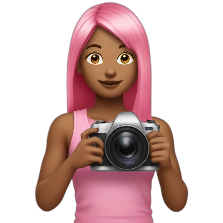 girl with long, straight rose hair and fringe and holding camera and wearing pink tank top emoji