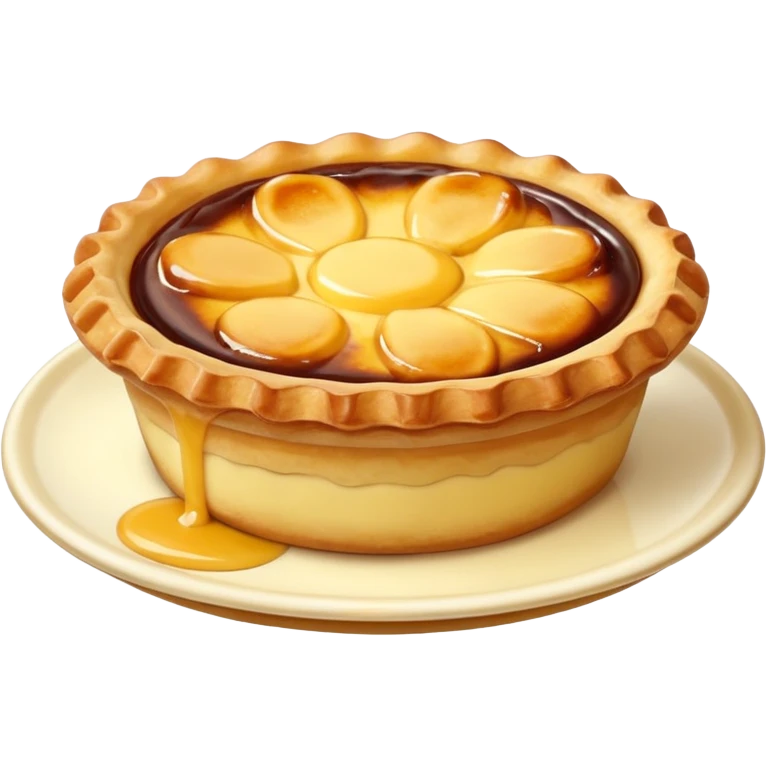 Create an emoji-style illustration of a Portuguese Pastel de Nata. It should be a small, individual custard tart with a flaky, layered puff-pastry crust and a glossy yellow custard center with dark caramelized spots on top. Do NOT make a full pie or slice only a single small tart emoji