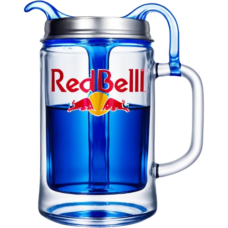 Large clear glass mug similar to beer stein with bright blue liquid inside. Put an upside down redbull can sticking out of the top of the mug emoji