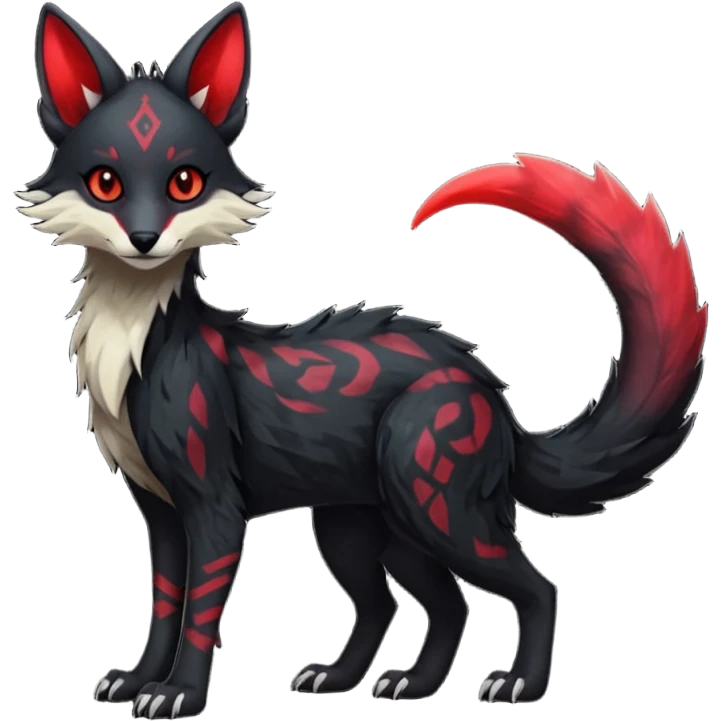 Feral Rare Fantasy   dark obsidian-black fur with crimson glowing runic markings Vernid-Sergal-Genet-Trico-species by LiLaiRa, random markings, tufted tail, tufted ears, full body emoji