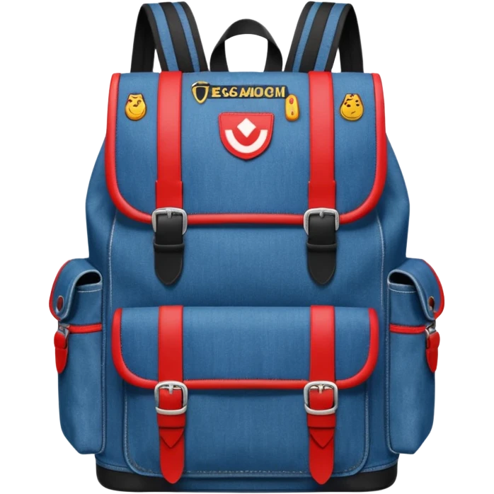 a blue denim backpack with a flap top, two vertical black buckle straps on the front. The backpack has two side pockets and a soft square shape. at front view bottom pocket, red and white two divided logo 

 emoji