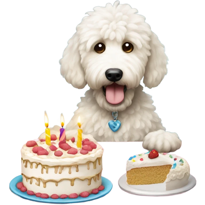white goldendoodle eating birthday cake emoji