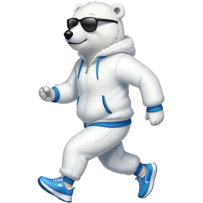 friendly anthropomorphised polar bear jogging upright wearing a tracksuit and sneakers, dark sunglasses emoji