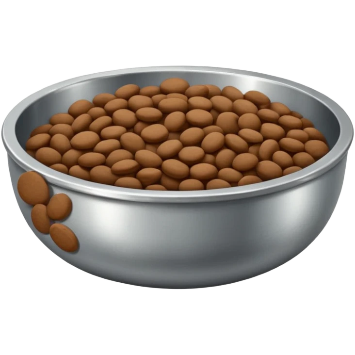 A shallow silver metal bowl with deep brown flat a rounded kibbles emoji