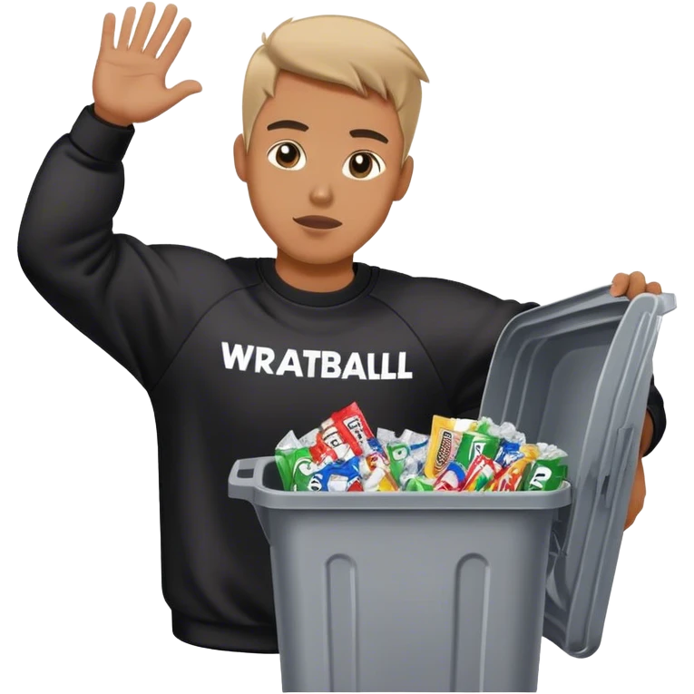 Man with black sweatshirt that says FOR THE HOBBY in white lettering throwing a trash can filled with wrappers from football trading cards emoji