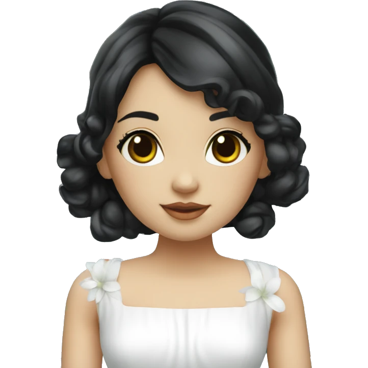 Pretty young Lady doll posing with black hair flowers in hair white dress surrounded by flowing water emoji
