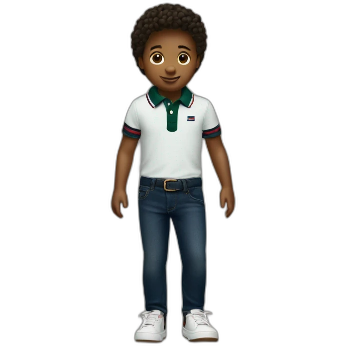 A child with a dark green tommy hilfiger polo with a dark blue jean emoji