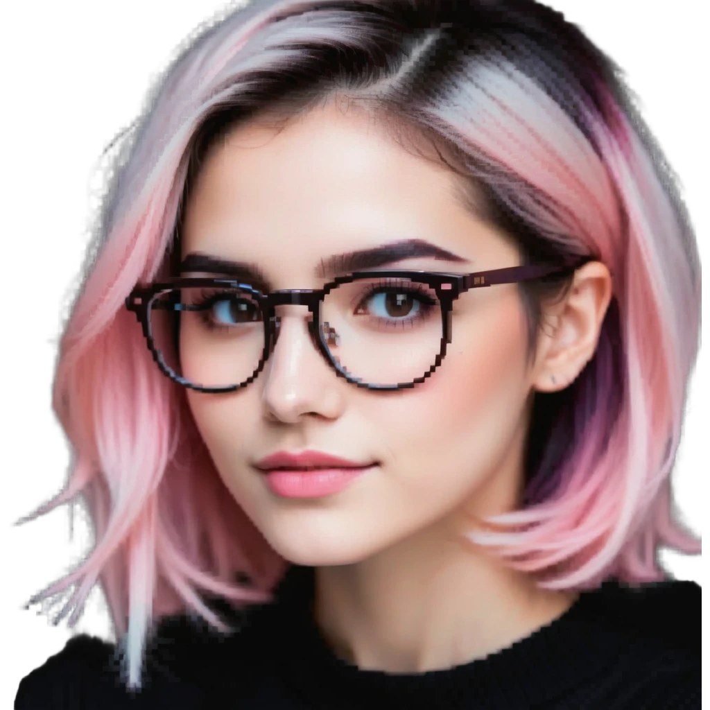 woman with gradient hair from dark to pink with glasses, brown roots, brown eyebrow, flirting emoji