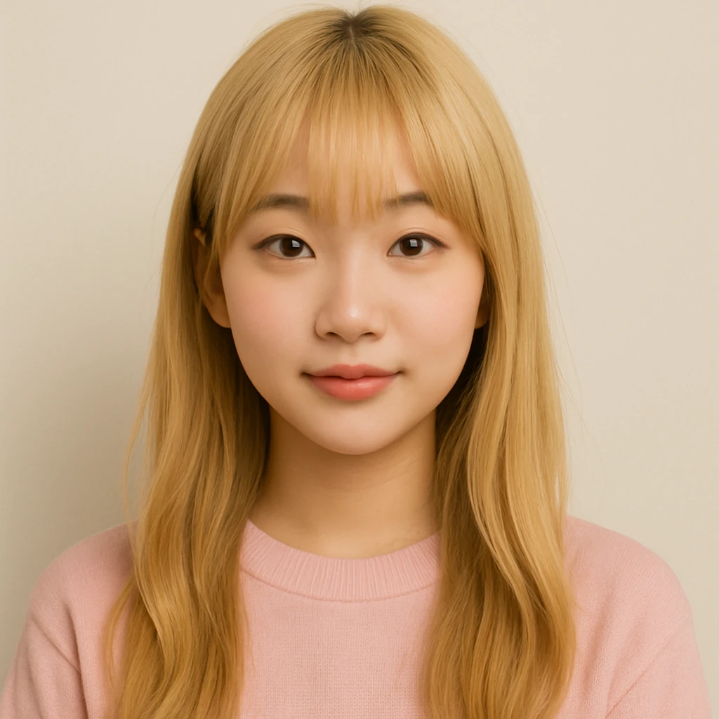 Korean girl with long blond hair and bangs, cute style, plain background emoji