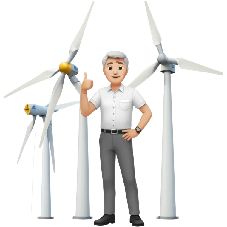 an older white man with grey hair and a white shirt and black pants doing a thumbs up pose, standing next to a single silver wind turbine emoji