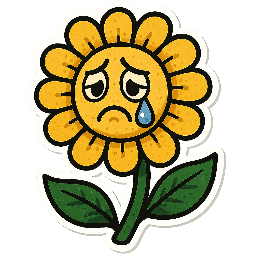 Make the sad flower have a teardrop in the style of cartoonish stickers emoji
