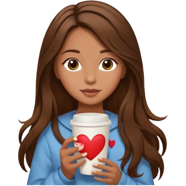 Un emoji de una chica con el pelo castaño y largo y suelto así como vestida como una that Girl y un café con dibujo de corazón y una cama aesthetic modo vida perfecta emoji