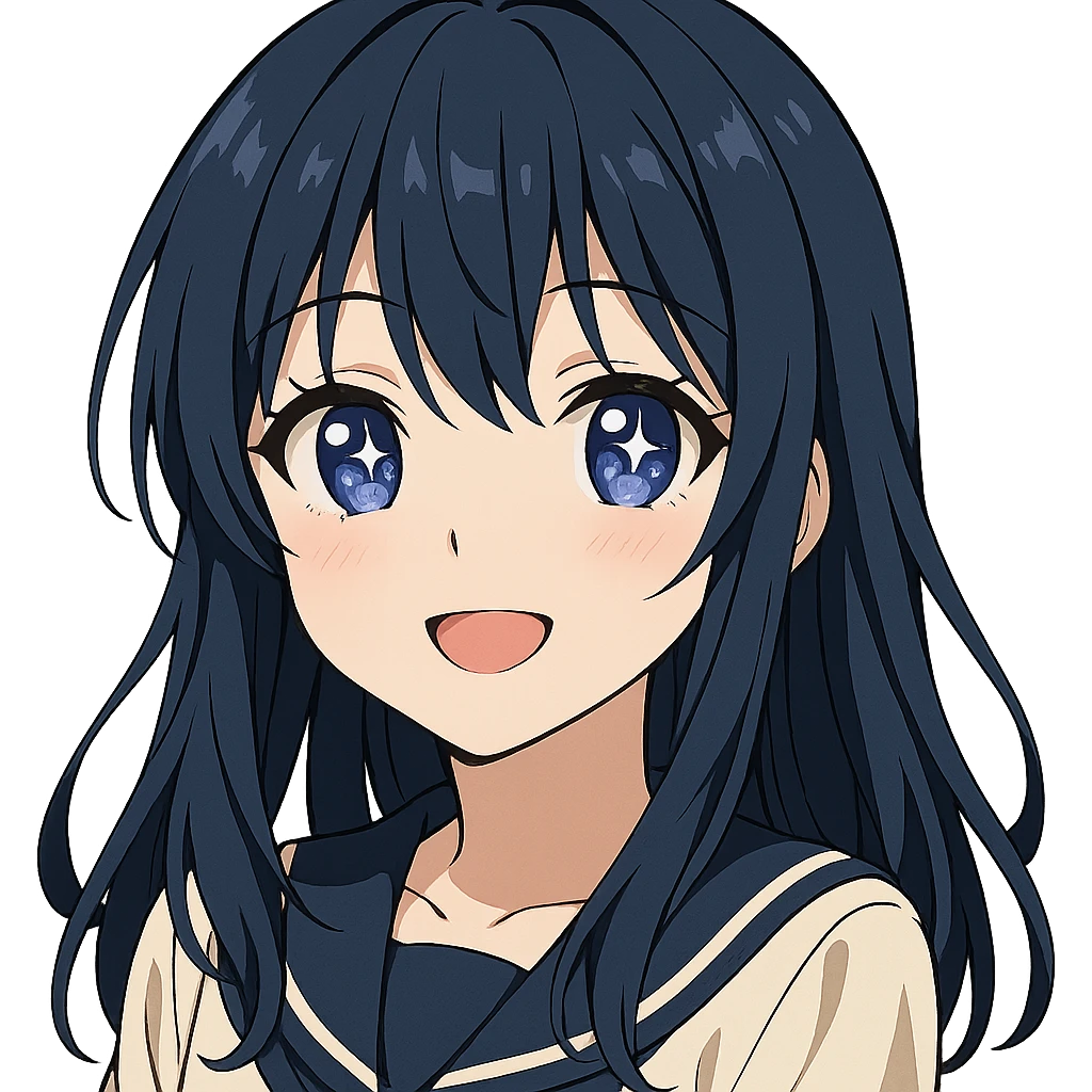 anime style girl with dark blue hair, stars in her eyes, violet-blue eyes, beautiful smile emoji