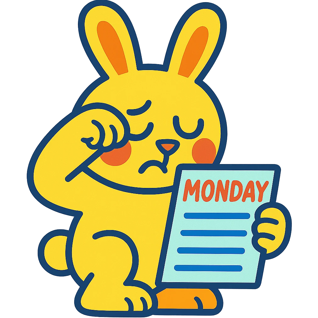 yellow bunny holding Monday memo while rubbing eyes, vibrant toon style, bright colors emoji