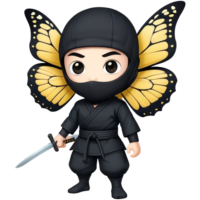 Emoji  con estos dos emojis 🦋 🥷🏻.
Ninja vestido de negro con los ojos de color negro y la piel blanca y con la mariposa posada en su hombro izquierdo como si estuviera volando en su hombro. emoji