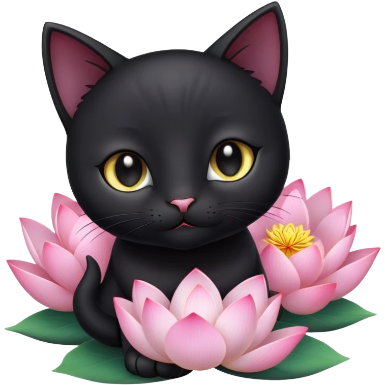 A cute  little  black cat and lotus emoji